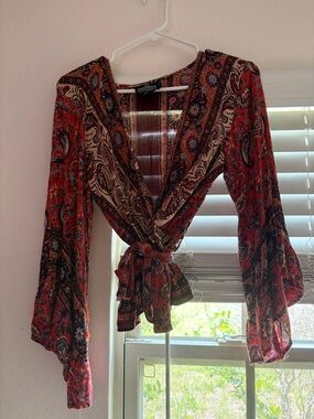 Boho Tie-Front Blouse in Rust Paisley - Angie Brand